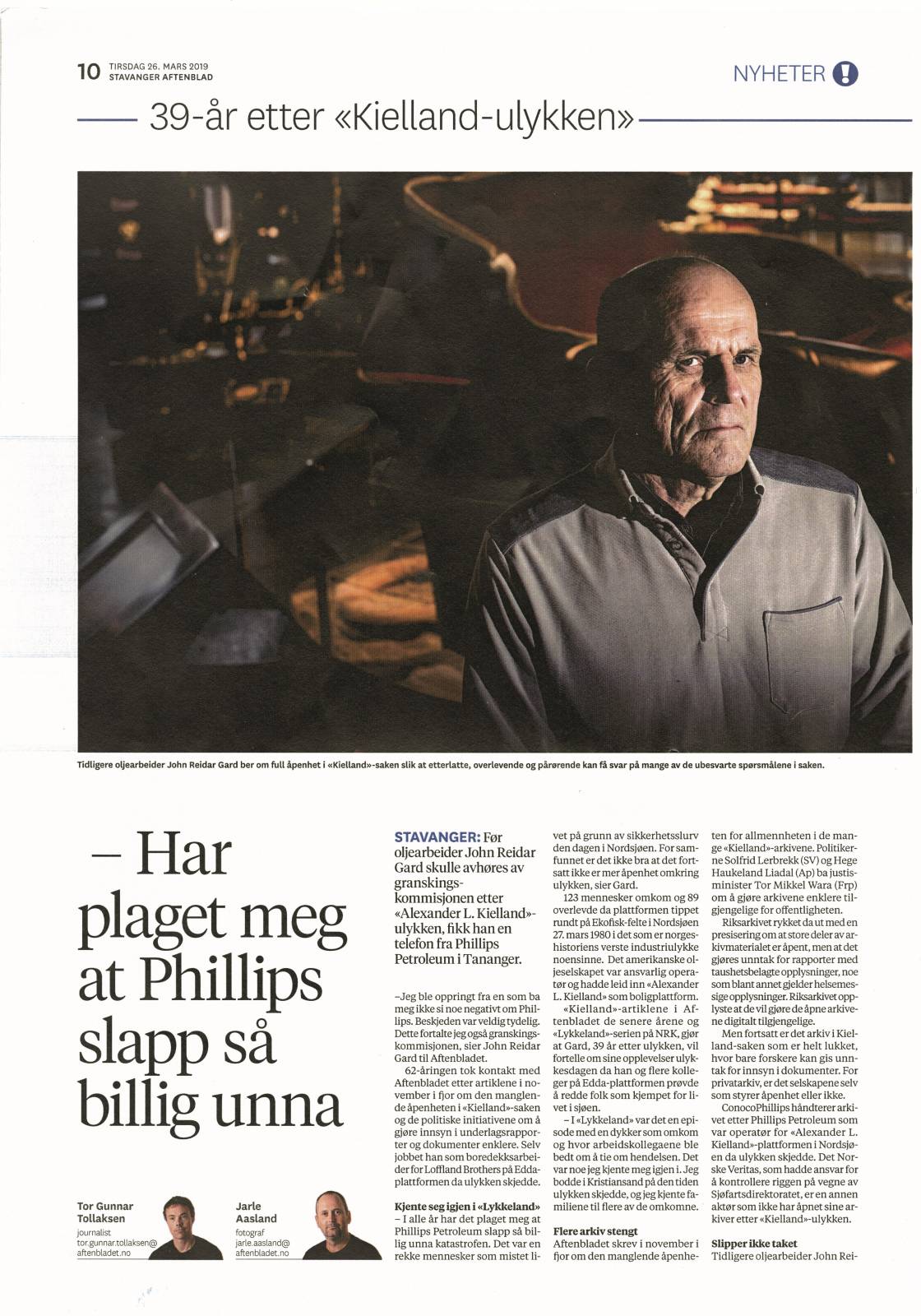 Avisutklipp fra Stavanger Aftenblad med John Reidar Gard.